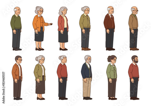 Diverse cartoon elderly characters illustration set on white background for demographic representation needs