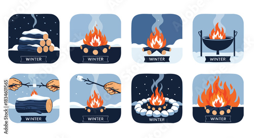 Winter campfires and outdoor heating elements depicted in snowy landscapes as illustrative icons for seasonal graphic projects
