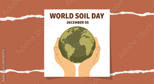 World Soil Day illustration featuring hands gently cradling our planet Earth set against a textured torn paper background for an environmental