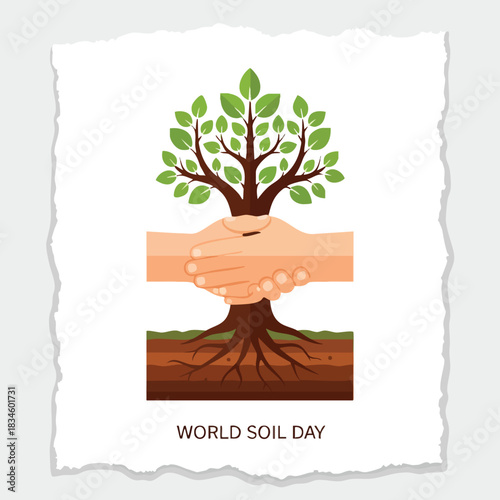 World Soil Day illustration depicting a tree with shaking hands and roots in soil on a white background for environmental awareness