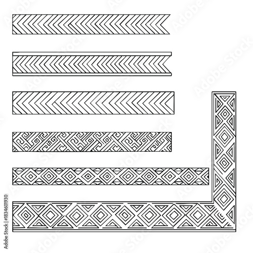 Collection of diverse geometric decorative patterns and intricate border designs on a white background for design resource usage