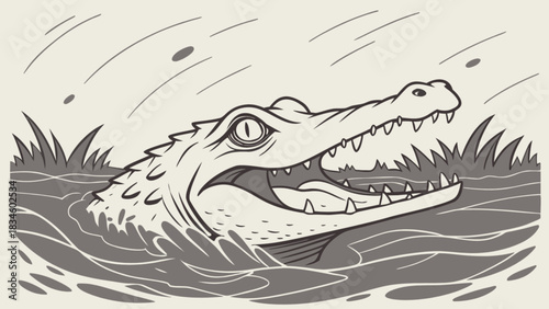 Illustration of an alligator with its mouth open emerging from the water near tall grass and some spots