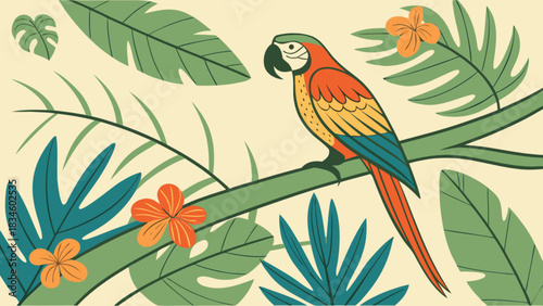 Tropical scene with a parrot perched on a branch surrounded by leaves and orange flowers artfully drawn