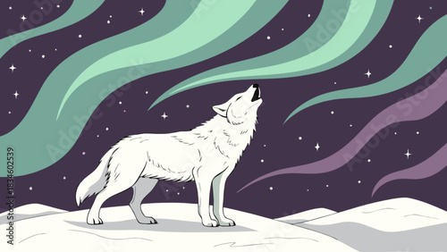 Lone white wolf howling at the aurora borealis under a starry night sky in a snowy landscape scene