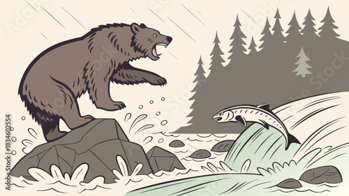 A cartoon style image of a brown bear standing on rocks near a river with a jumping salmon in the water
