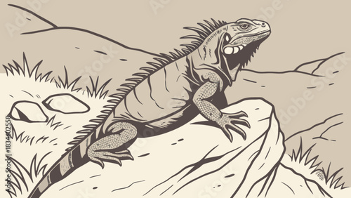 Illustration of a large iguana perched atop a rock formation in a natural outdoor setting scene