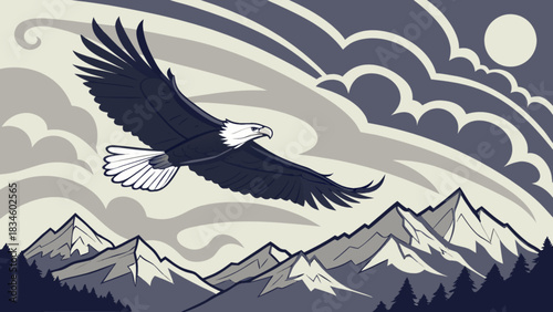 Eagle soars above mountain range with forest and cloudy sky and moon in monochrome illustration