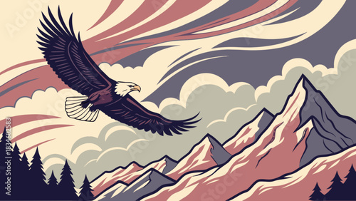 An eagle soars over a mountain range with a forest in the foreground and a cloudy sky above it all