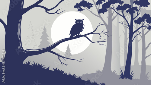 Silhouette of an owl perched on a branch in front of a full moon in a stylized forest scene