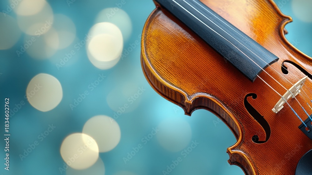 Fototapeta premium Detailed close-up shot of a violin's f-holes, showcasing the intricate sound projection points. The background is a soft, blurred blue, emphasizing the instrument's details.
