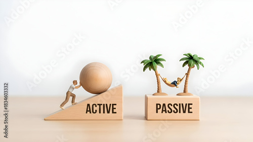 Illustrative concept showing the difference between active and passive income strategies for financial success and investment opportunities today now.