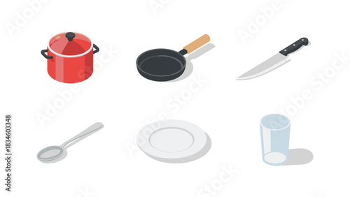 Essential kitchenware: isometric cookware and utensils set on white background