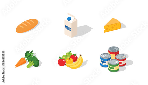 Isometric grocery icons: milk, bread, cheese, fruits, vegetables, canned goods