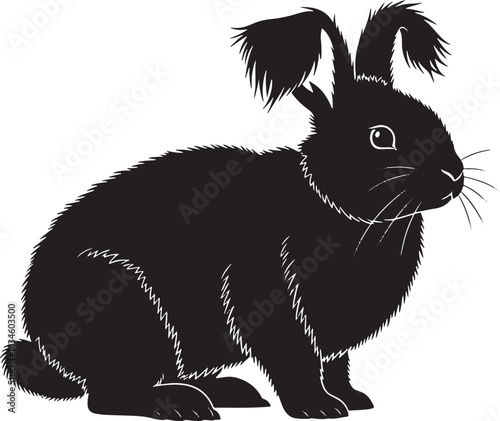 Stylized black silhouette of a domestic lop-eared rabbit resting