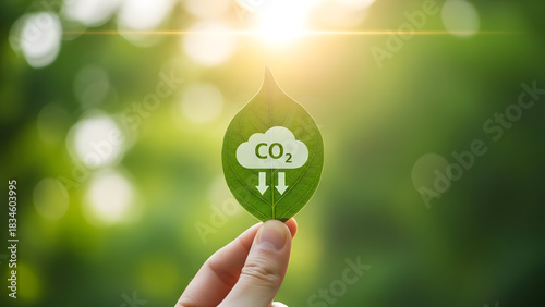 A hand holds a leaf with a CO2 symbol against a backdrop of green foliage, representing environmental awareness and carbon footprint reduction initiatives.