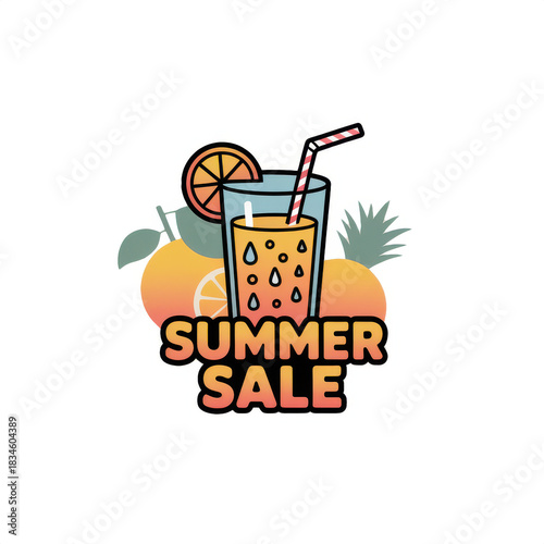 Summer sale illustration with fruit background and citrus drink glass for bright tropical promotional marketing design