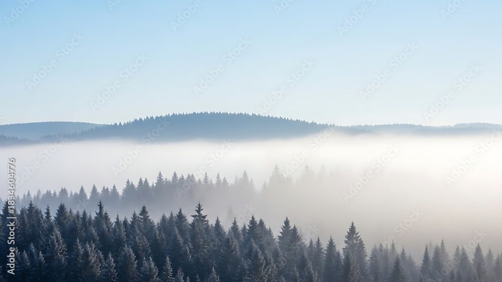 Fototapeta premium Misty Forest Landscape in Winter with Fog and Evergreen Trees