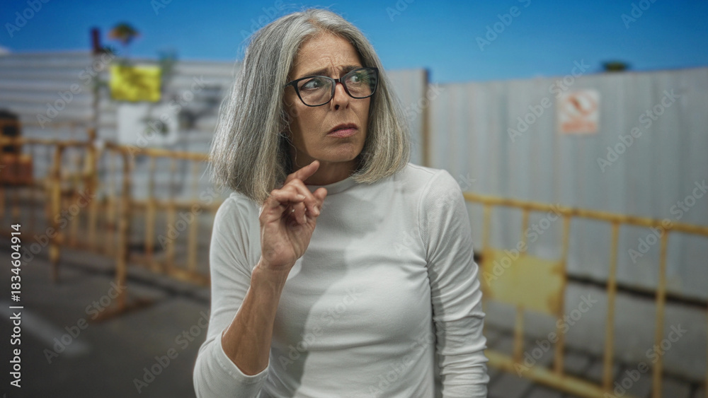 Fototapeta premium Woman with grey hair and glasses grimacing with furrowed brow, face leaning forward near yellow barricade at construction building; concern caution vigilance.