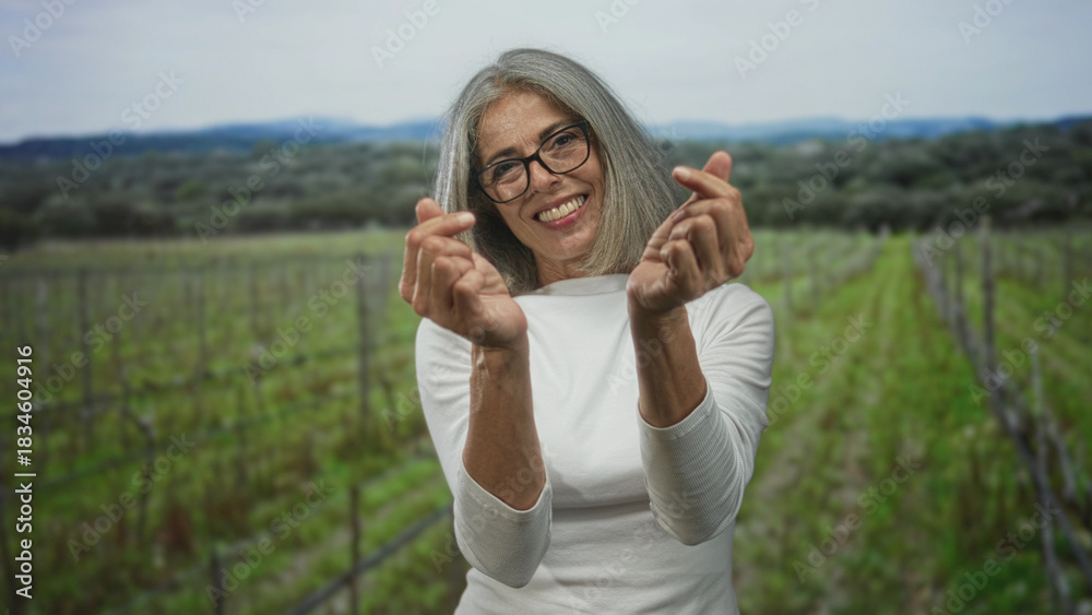 Obraz premium Middle aged woman makes finger heart gesture with hands in a green field during daytime; joy connection.