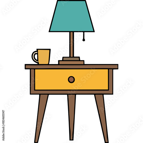 A vintage bedside table with a teal lampshade and a yellow drawer holding a mug in a minimalist illustration style with a dark background