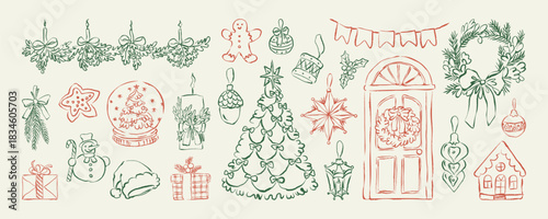 Christmas hand drawn chalk elements. Vintage Christmas and New Year line art sketch. Retro whimsical winter holiday charcoal doodles. Christmas drawing set for card, poster, poster, party invitations.