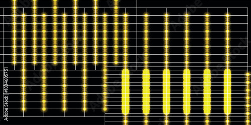 Abstract digital display with glowing yellow dots forming vertical patterns on a black background, resembling a sound equalizer or data visualization.