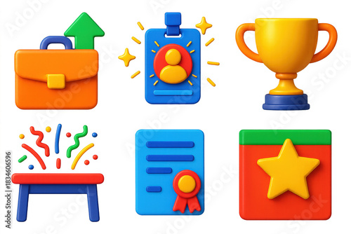 3D Promotion Icons. 3D icon set of promotions and recognition: briefcase with arrow up, shining employee badge, office trophy icon