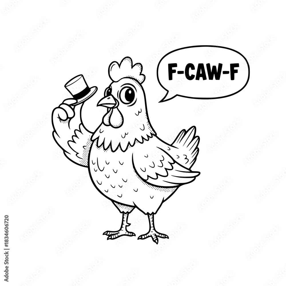 Obraz premium A whimsical chicken illustration, charmingly attired with a stylish hat and uttering a playful sound bubble F-CAW-F, exuding a friendly and cheerful vibe. vector illustration