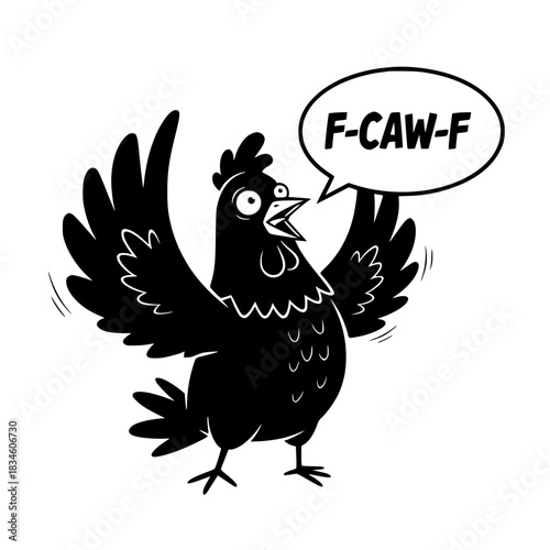 A humorous illustration of a vocal rooster, its silhouette against a stark background, boldly proclaiming its presence with a stylized F-CAW-F speech bubble. vector illustration