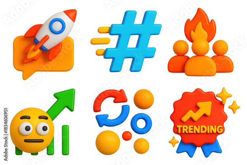 3D Viral Marketing Icons. 3D icon set of viral marketing strategies: rocket over comment bubble, hashtag with motion trail, crowd