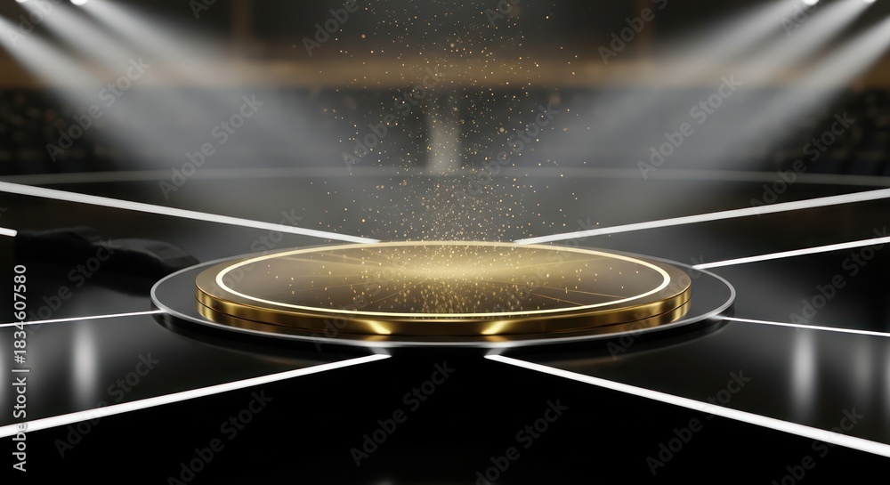 Obraz premium Elegant golden platform radiating with ethereal dust particles amidst an abstract stadium backdrop