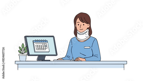 Woman with neck brace sitting at reception desk in medical office  