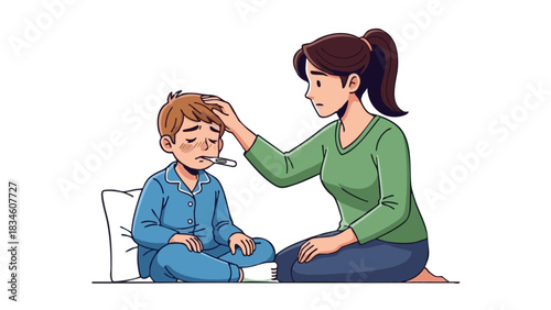 Mother comforting sick young boy with thermometer in home setting  