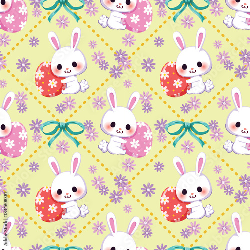Seamless pattern cartoon of a easter bunny and flower. This adorable cartoon illustration captures of easter. Suitable for wrapping paper, wallpaper, prints and children's clothes.