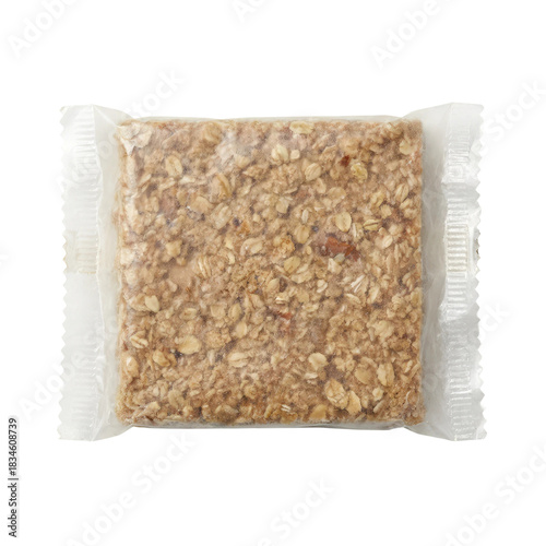 Square granola bar in transparent packaging on transparent background studio shot