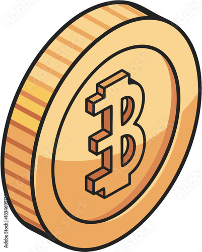 Cartoon illustration of a golden bitcoin cryptocurrency coin