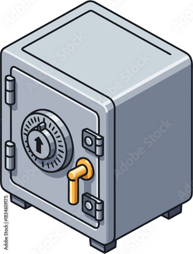 Isometric illustration of a small gray safe box with a combination dial and handle