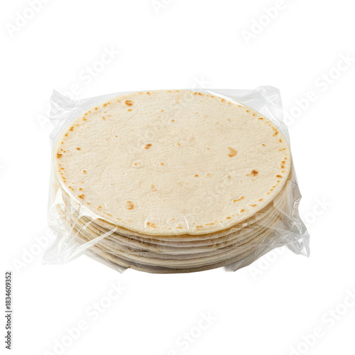 Tortilla wrap stack in plastic packaging on transparent background studio shot