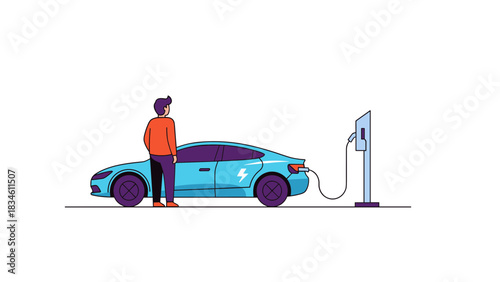 Man charging electric vehicle at station, embracing sustainable transport, showing modern lifestyle and eco friendly future, innovation in transportation