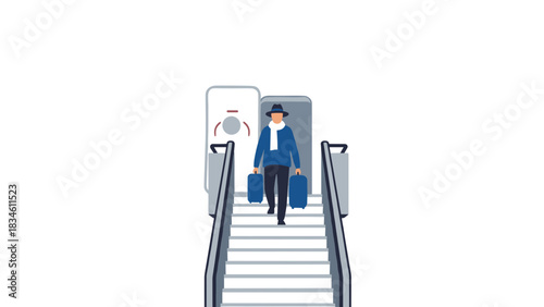 Stylish traveler exiting airplane with luggage ready for adventure, embarking on a sophisticated journey, perfect for travel blogs and tourism marketing
