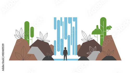 Find Serenity: Adventurer Standing Before a Tranquil Waterfall Oasis in a Desert Landscape, Seeking Peace and Connection with Nature's Beauty