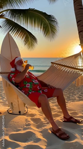 Santa Claus enjoying a tropical vacation on a sunny beach, relaxing in a chair with a cocktail and a sack of gifts, Christmas holiday travel concept.