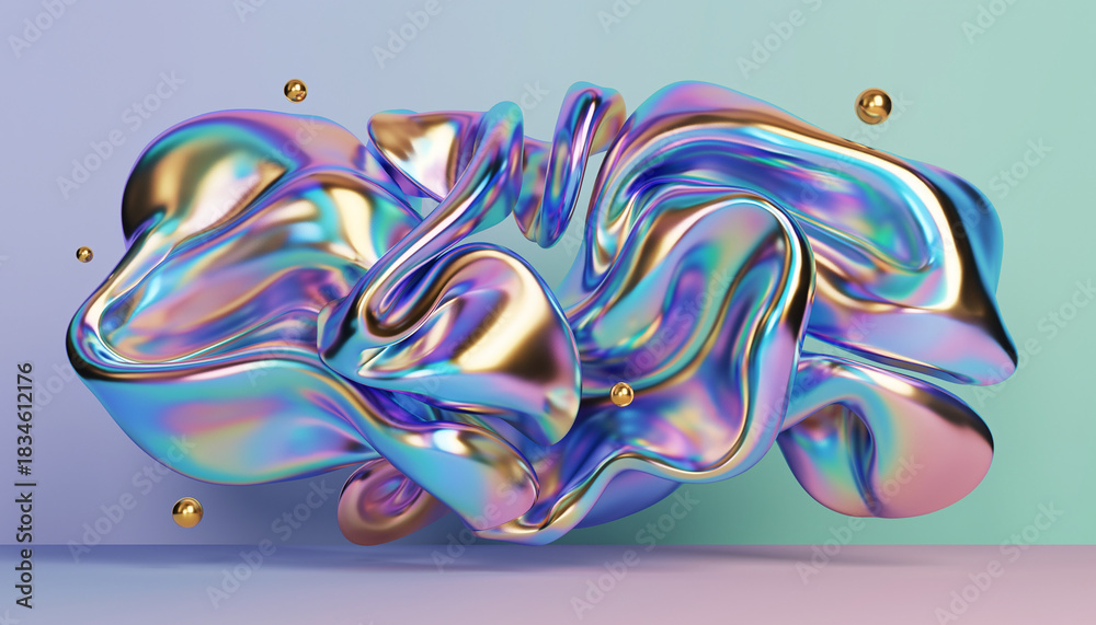 Fototapeta premium Iridescent, shiny, abstract object with rainbow colors and reflective surface on a gradient background with small gold spheres.