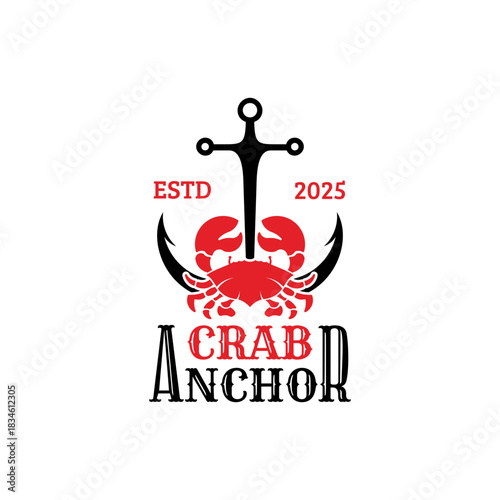 simple anchor and crab combination, marine logo design vector with flat style in black and red color