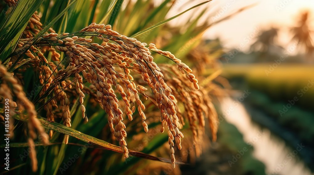 Fototapeta premium Golden Rice Crops in Field at Sunset with Soft Light and Vibrant Green Background