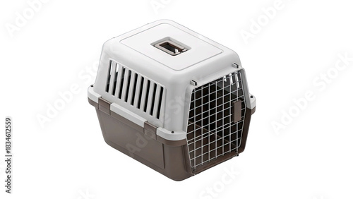 A Modern Pet Carrier With A White Top And Brown Base Designed For Travel And Safety With Ventilation Slots And A Sturdy Handle On A Transparent Background
