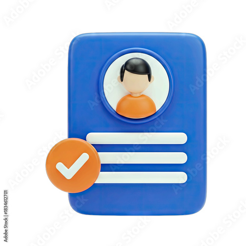 3D Profile Card With Checkmark Approval Concept Isolated On White Background Representing Verified Identity And Successful Task Completion With Clean Blue And Orange Colors And Simple Iconography