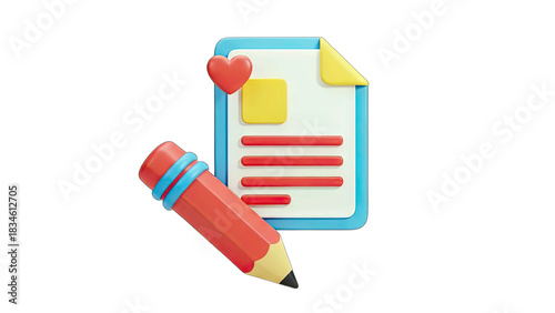 3D Realistic Red Pencil Writing On White Document With Yellow Paper Corner And Red Heart Icon Isolated On Transparent Background