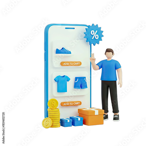3D Render of a Man Showing Mobile Phone Discount with Shopping Cart Coins and Boxes Offering Online Shopping Convenience