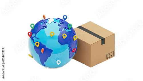 3D Render of a Blue Globe with Colorful Location Pins and a Cardboard Shipping Box on a Transparent Background Representing Global Logistics and Delivery Services